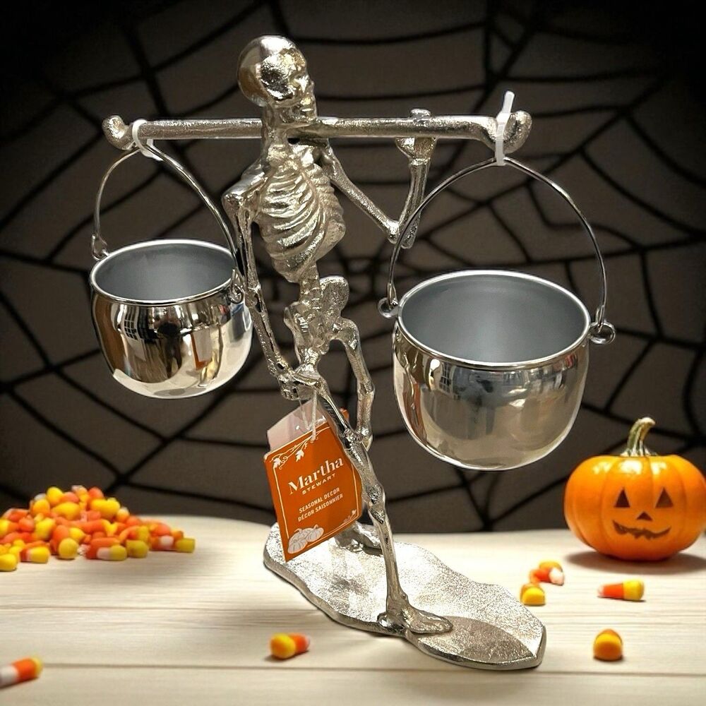 Martha Stewart Halloween Skeleton With Hanging Cauldron Bowls Silvertone